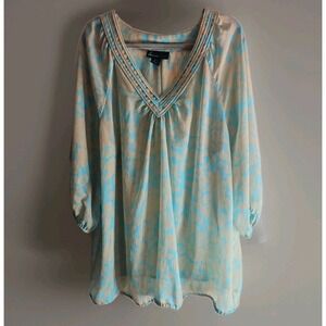 Lane Bryant Womens Size 22/24 Blue & Ivory Floral Semi-Sheer Spring Flowy Top